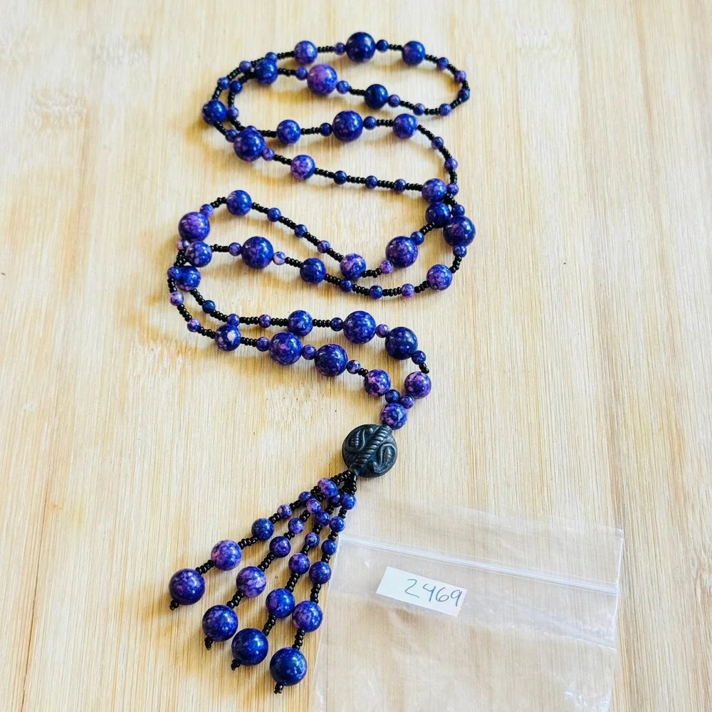 VTG Czech Art Glass‎ Beaded Picasso Tassel Necklace Purple Beads Flapper 32
